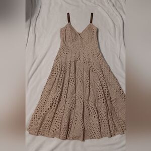 Boston Proper eyelet tan leather strap midi dress sz 14
